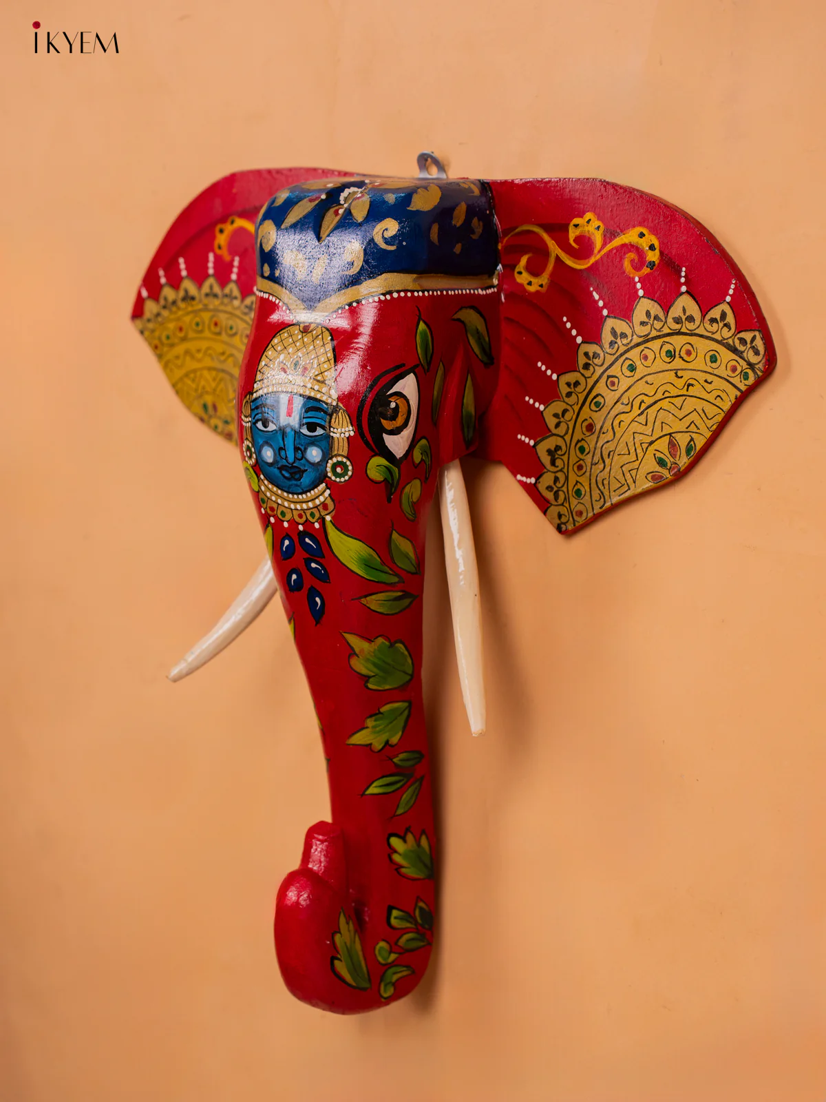 wooden hand painted elephant head with trunk red - 15 Inch - KC13123 - Image 3