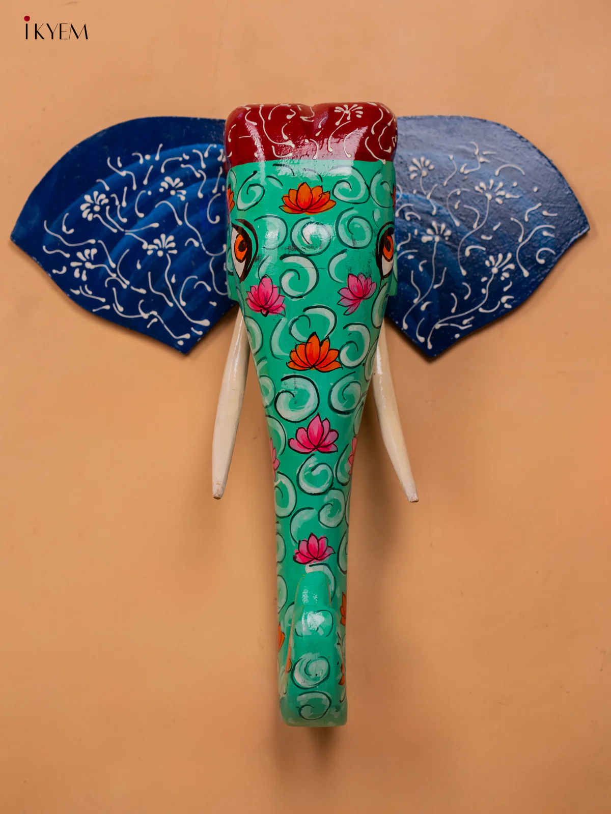 wooden hand painted elephant head with trunk green- 15 Inch - KC13125 - Image 2