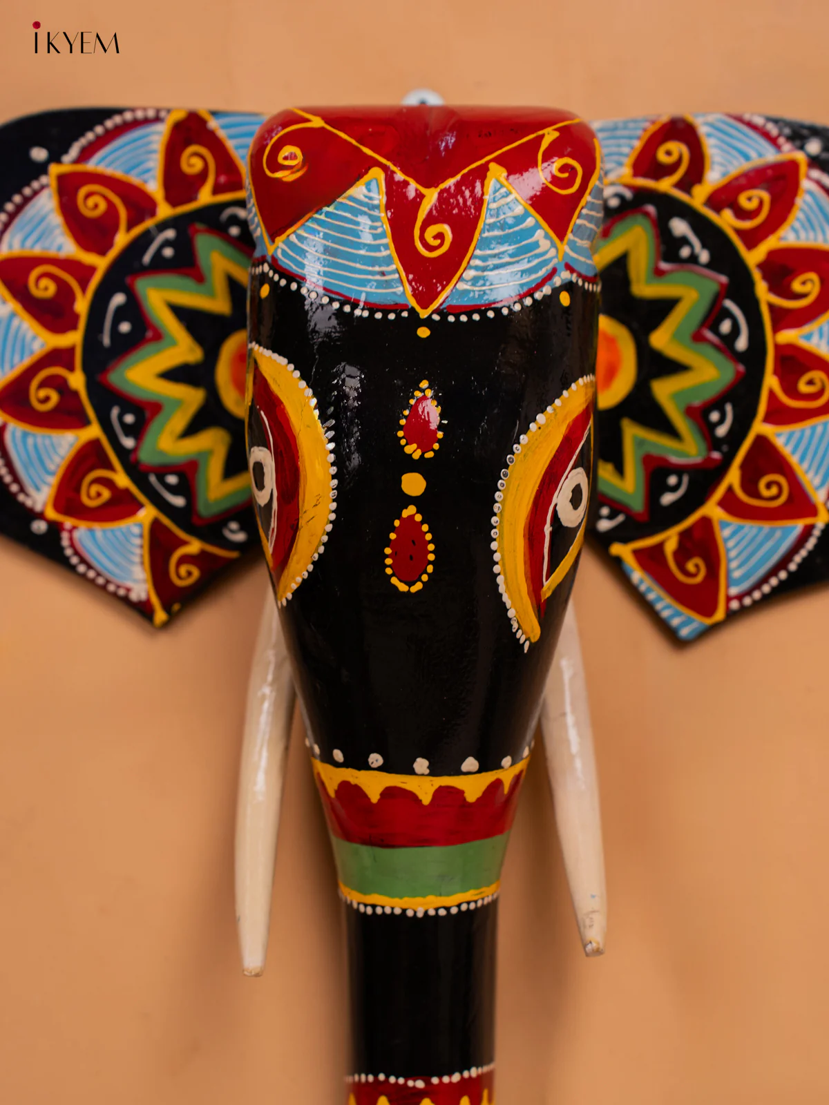wodden hand painted elephant head with trunk black with red- 15 Inch -KC13126 - Image 2