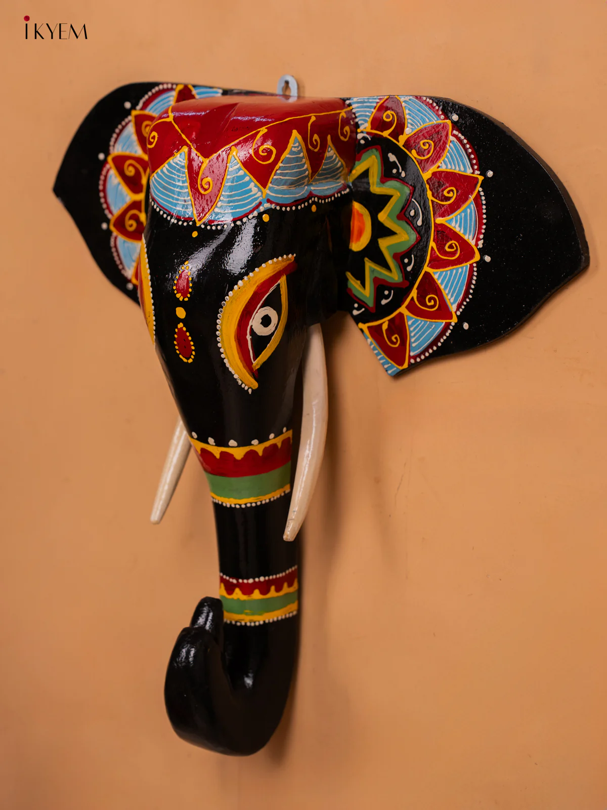 wodden hand painted elephant head with trunk black with red- 15 Inch -KC13126 - Image 3