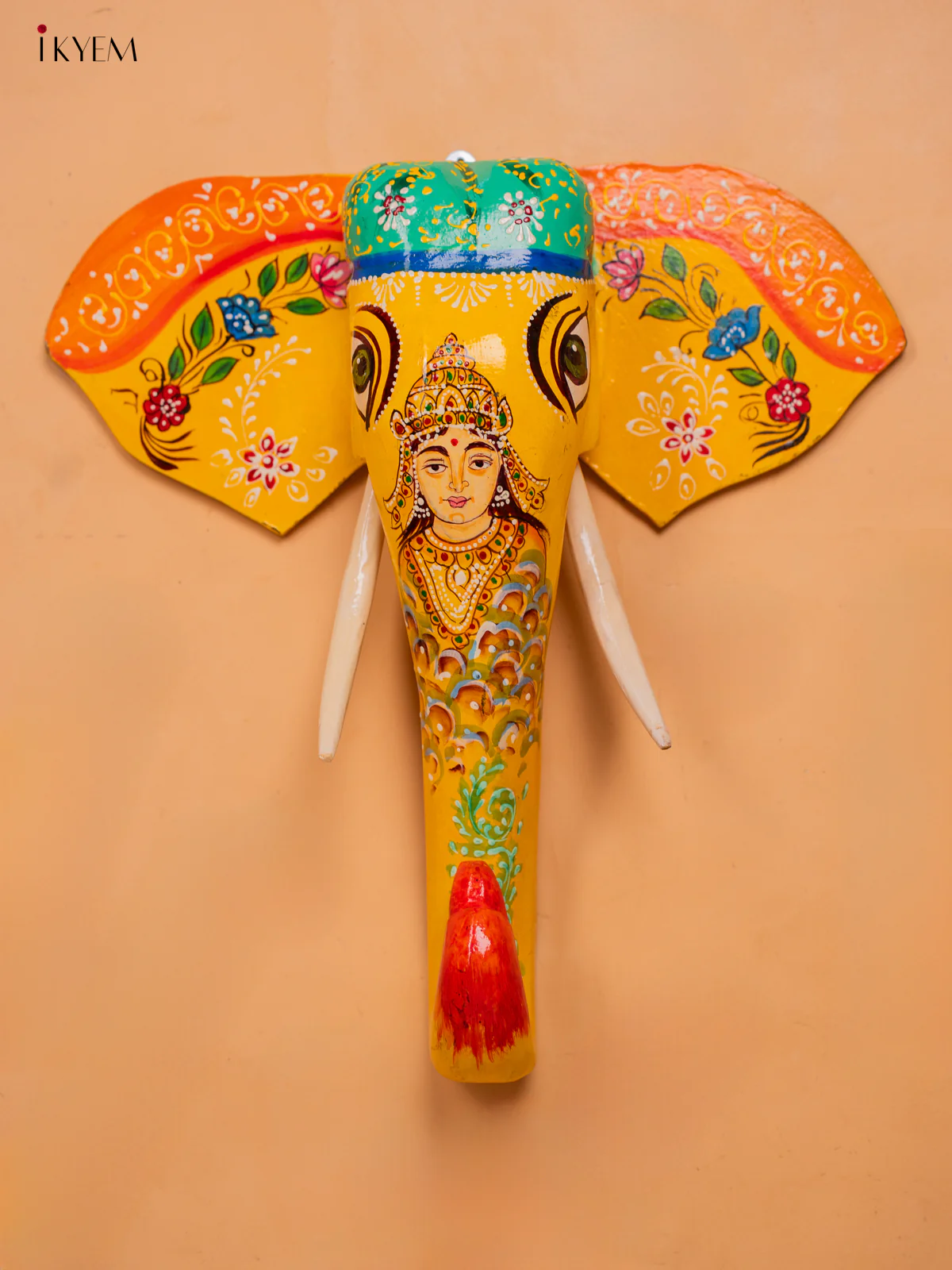 wooden hand painted elephant head with trunk Yellow - Goddess Lakshmi- 15 Inch -KC13127