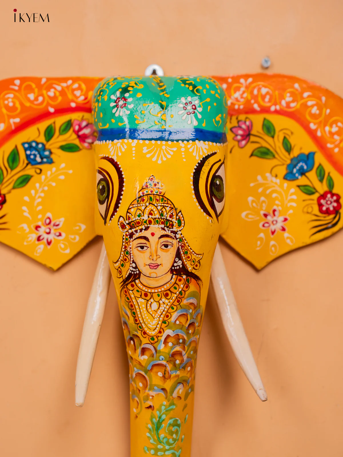 wooden hand painted elephant head with trunk Yellow - Goddess Lakshmi- 15 Inch -KC13127 - Image 2