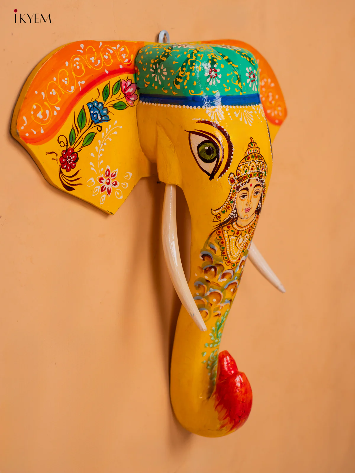 wooden hand painted elephant head with trunk Yellow - Goddess Lakshmi- 15 Inch -KC13127 - Image 4