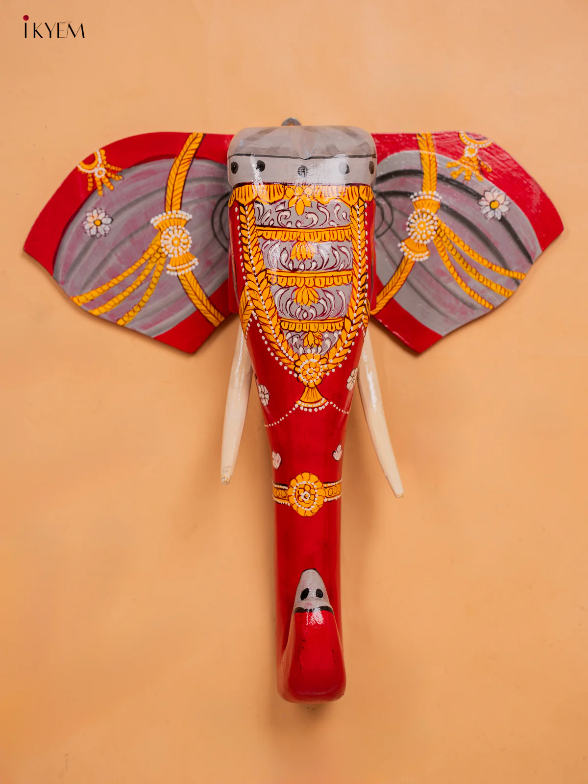 wooden hand painted elephant head with trunk red with Grey- 15 Inch -KC13128