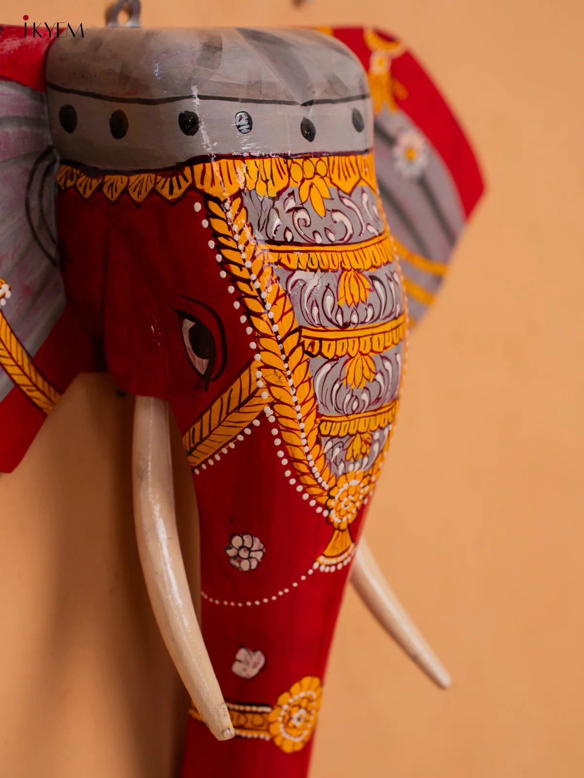 wooden hand painted elephant head with trunk red with Grey- 15 Inch -KC13128 - Image 2