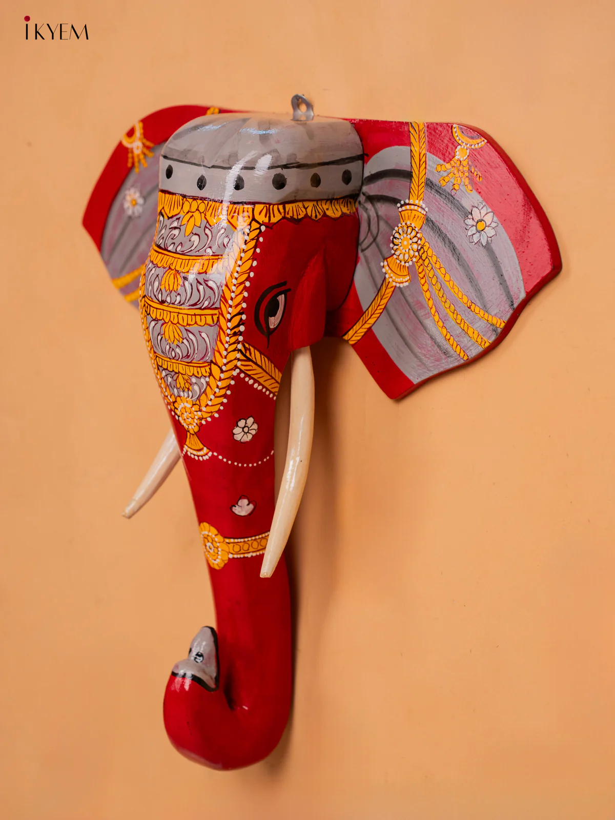 wooden hand painted elephant head with trunk red with Grey- 15 Inch -KC13128 - Image 4