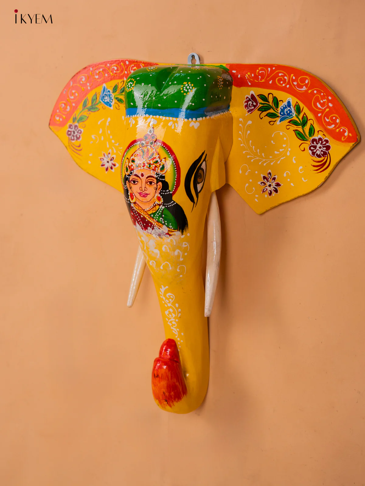 wooden hand painted elephant head with trunk Yellow with Green- Goddess Lakshmi -15 Inch -KC13129 - Image 4