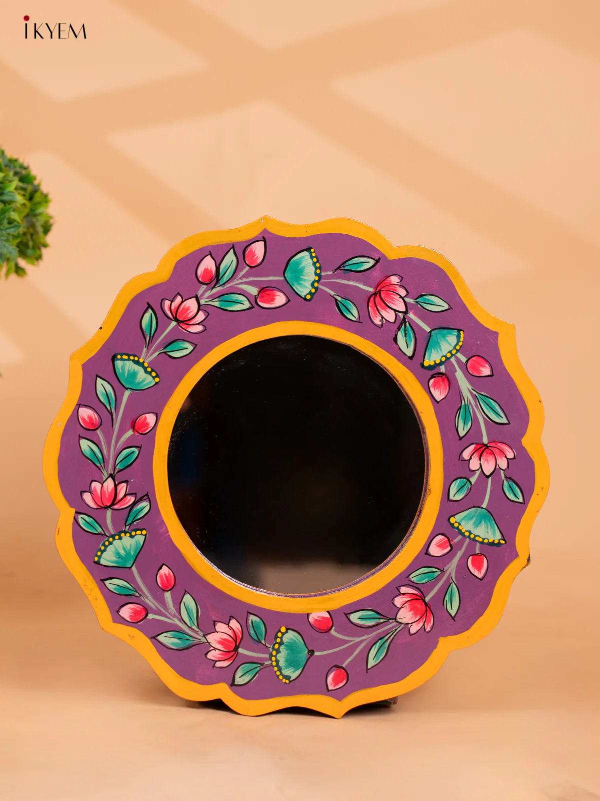Wooden Hand Painted Round Mirror Frame - 11 inch - violet-KC13133