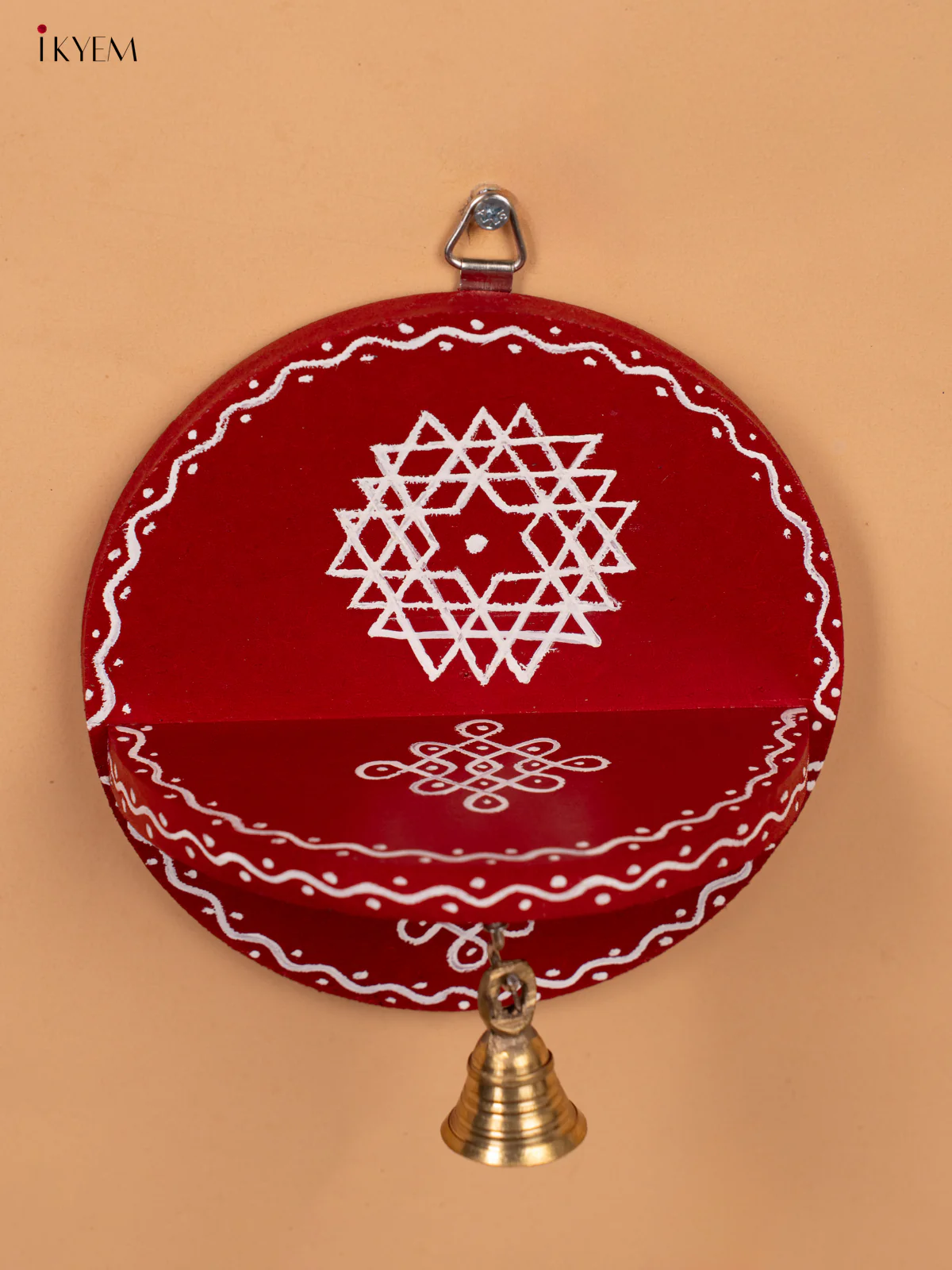 Hand Painted Round Wall Shelf with Brass Bell - Red-KC20112 - Image 2