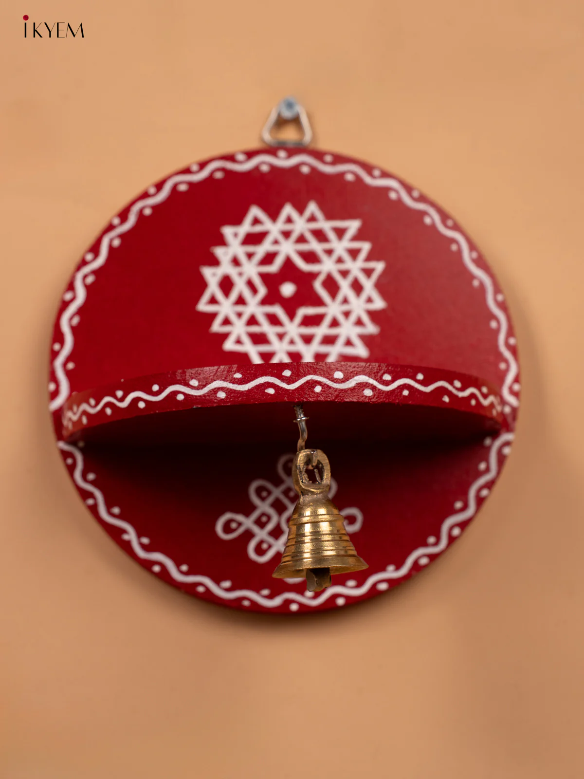 Hand Painted Round Wall Shelf with Brass Bell - Red-KC20112 - Image 3