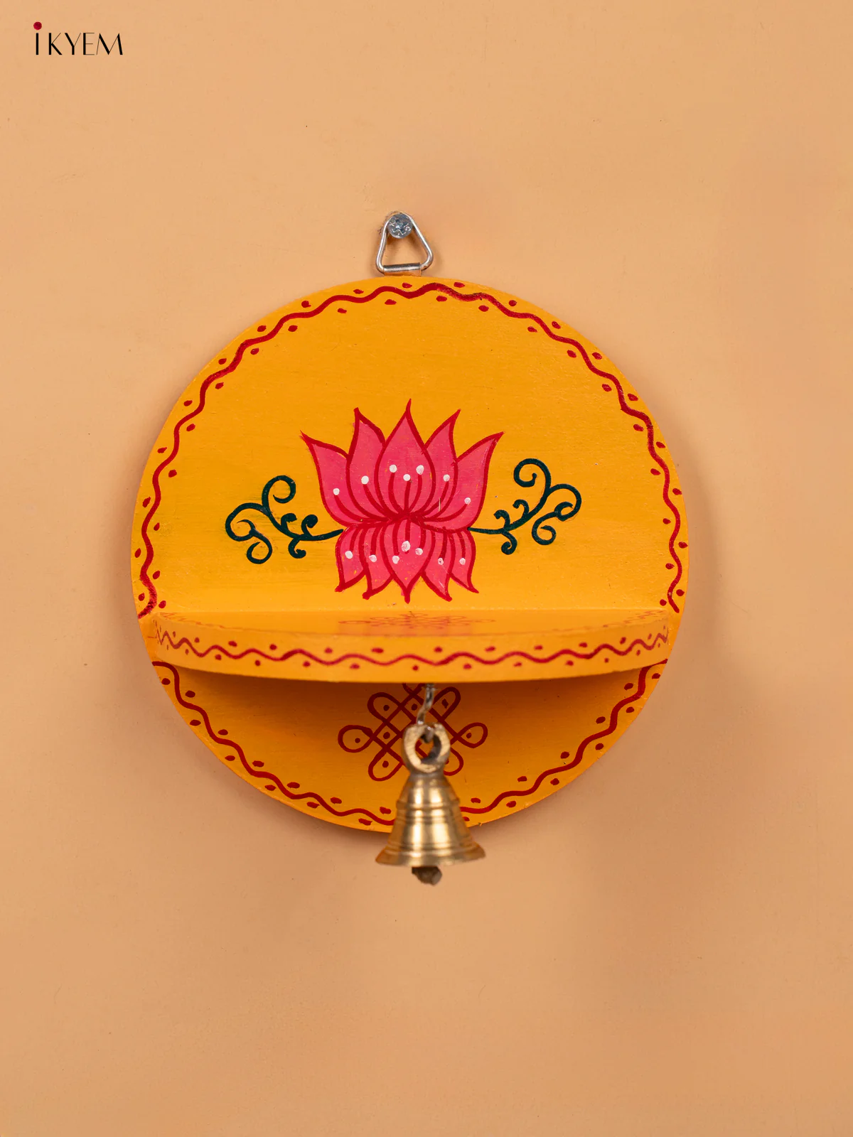 Hand Painted Round Wall Shelf with Brass Bell - Yellow -KC20113