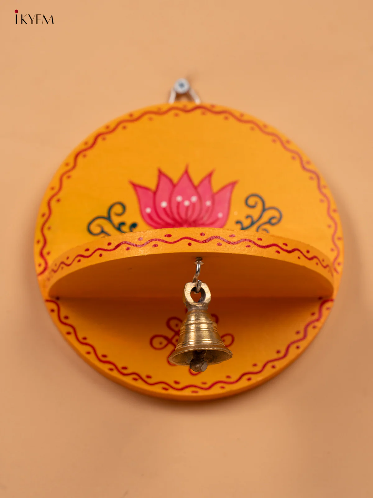 Hand Painted Round Wall Shelf with Brass Bell - Yellow -KC20113 - Image 3