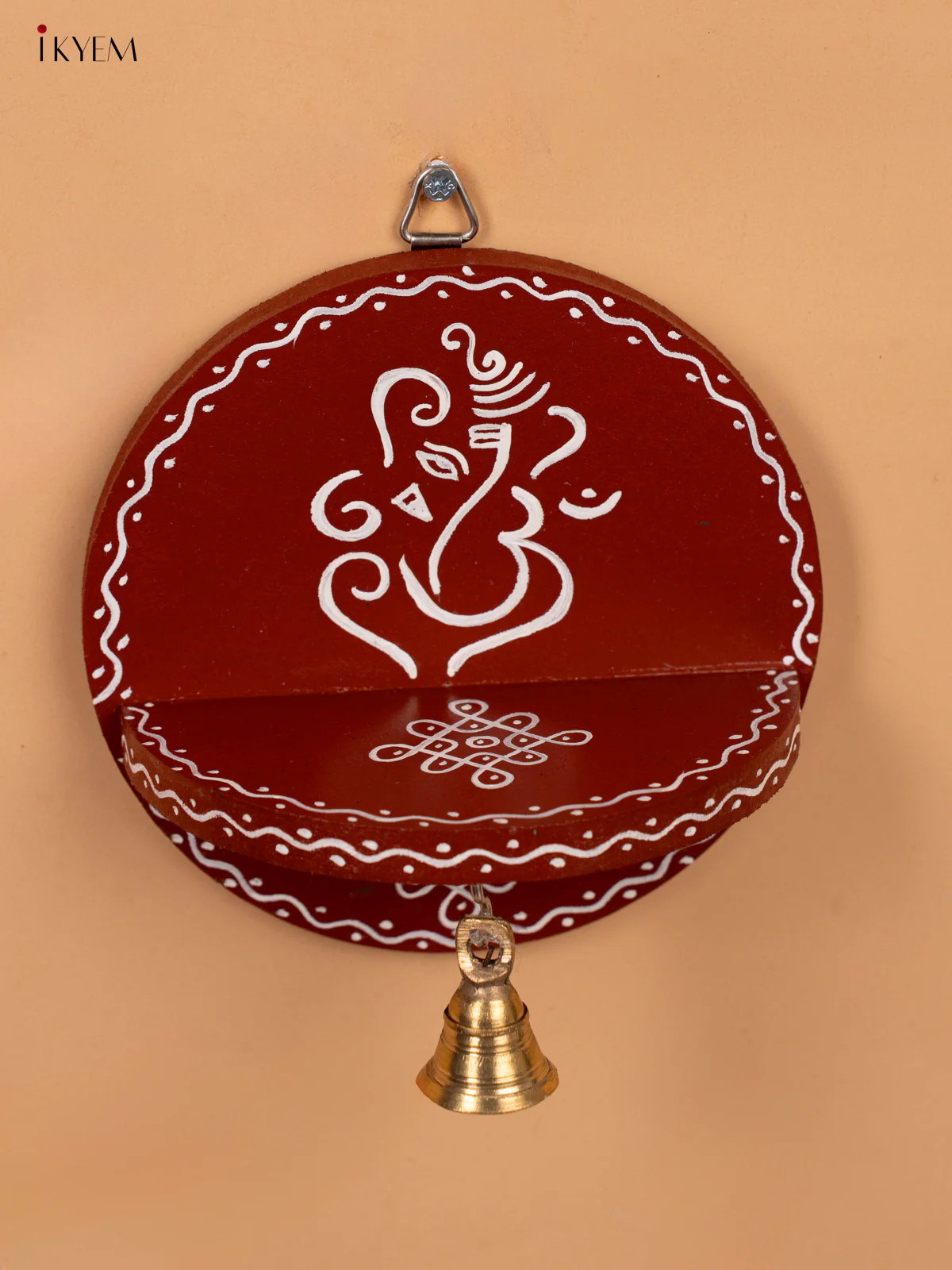 Hand Painted Round Wall Shelf with Brass Bell - Coffee brown-KC20115 - Image 2