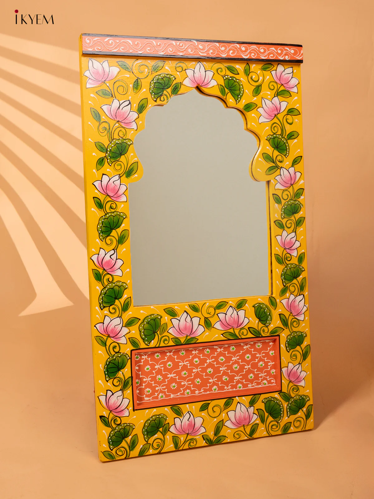 Wooden hand Painted Jharokha Mirror - Yellow-KC20159 - Image 4