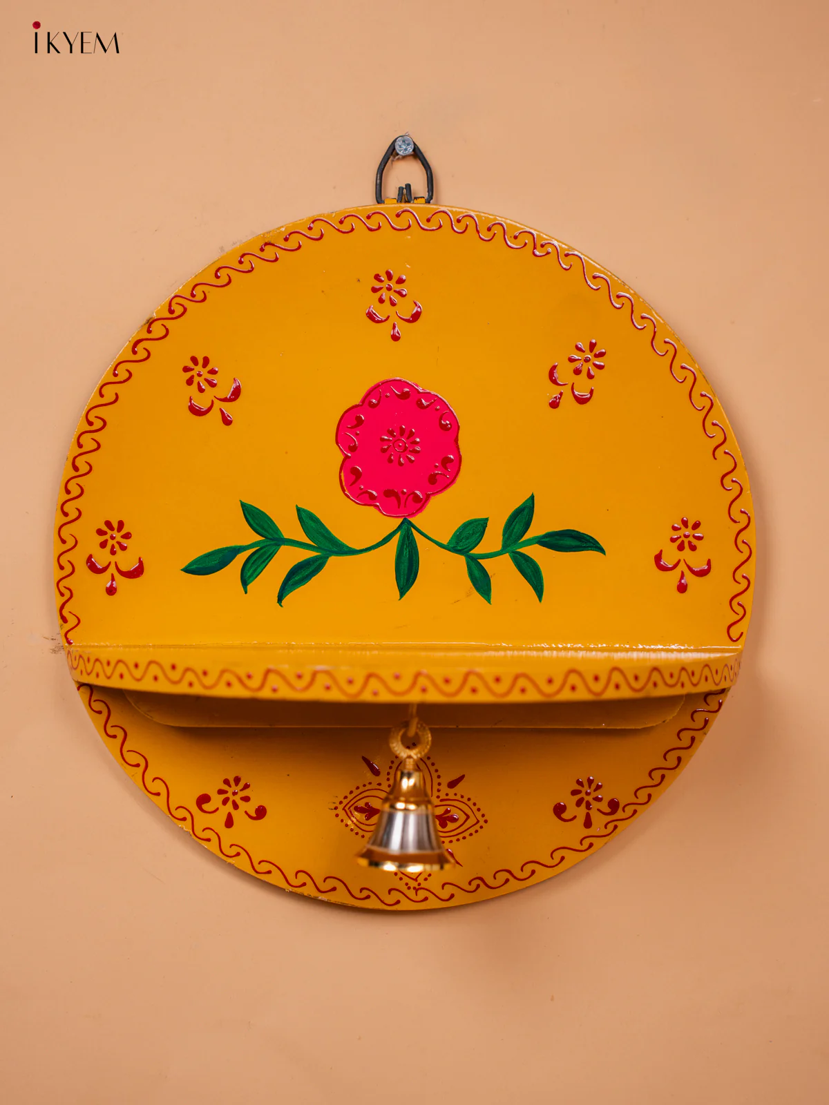 Wooden hand Painted Round Pooja Shelf - Yellow-KC20163