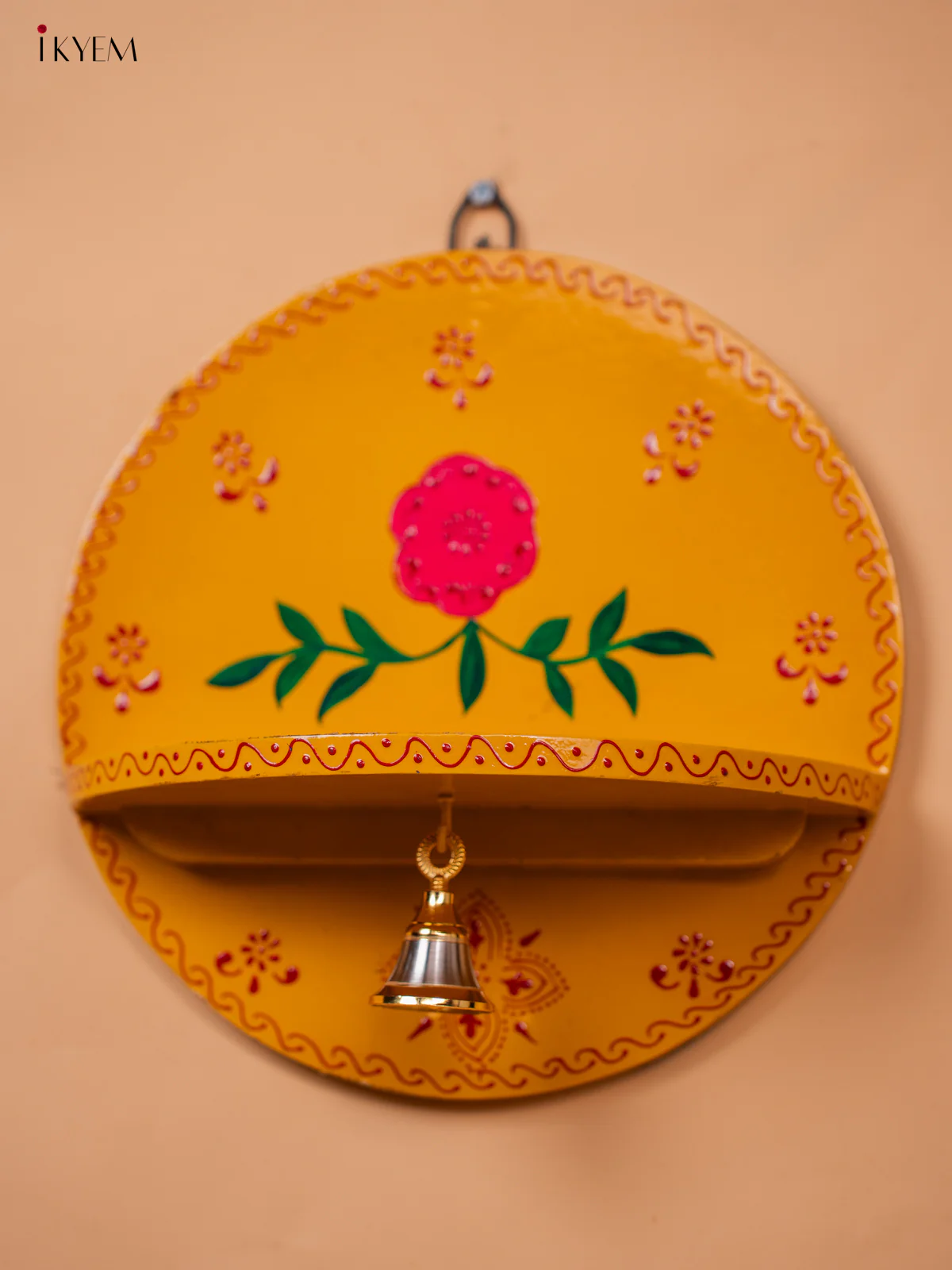 Wooden hand Painted Round Pooja Shelf - Yellow-KC20163 - Image 2