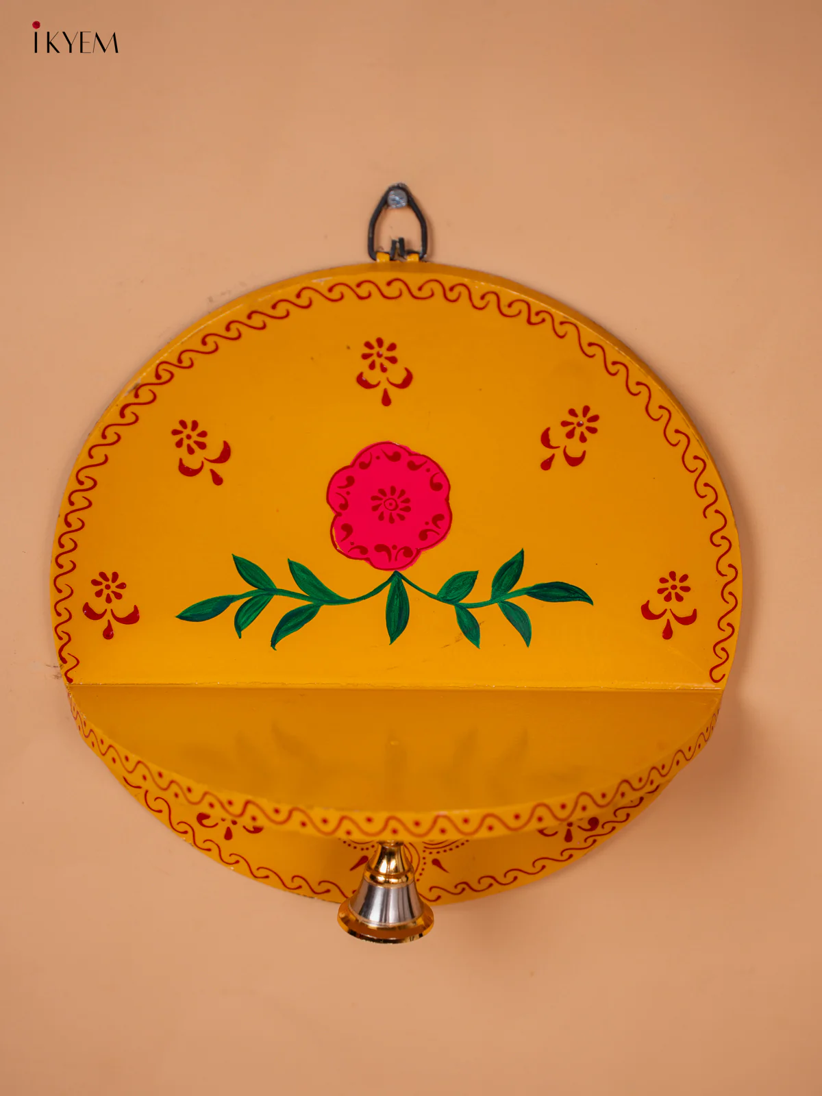 Wooden hand Painted Round Pooja Shelf - Yellow-KC20163 - Image 3