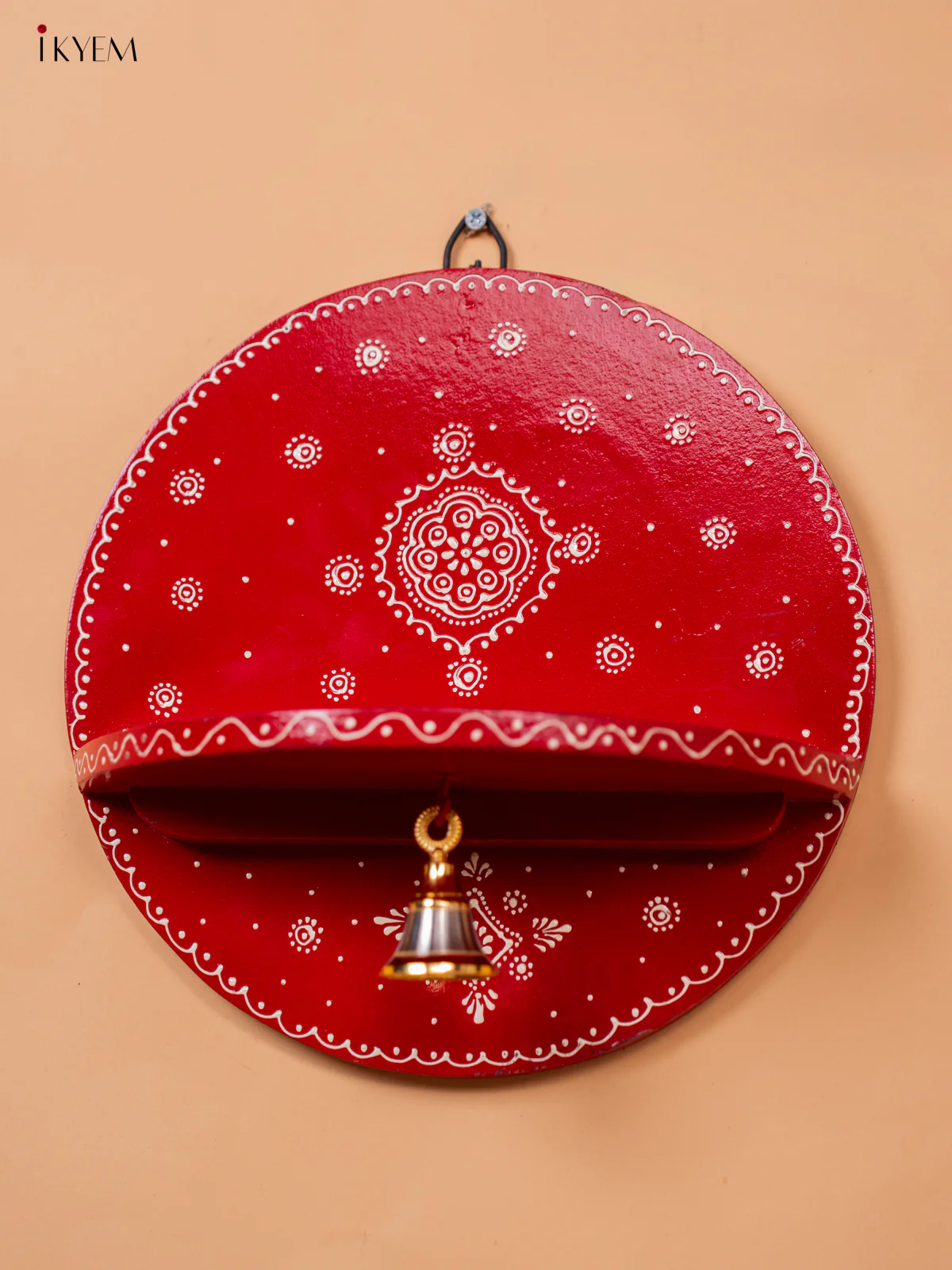 Wooden hand Painted Round Pooja Shelf - Red-KC20165 - Image 2