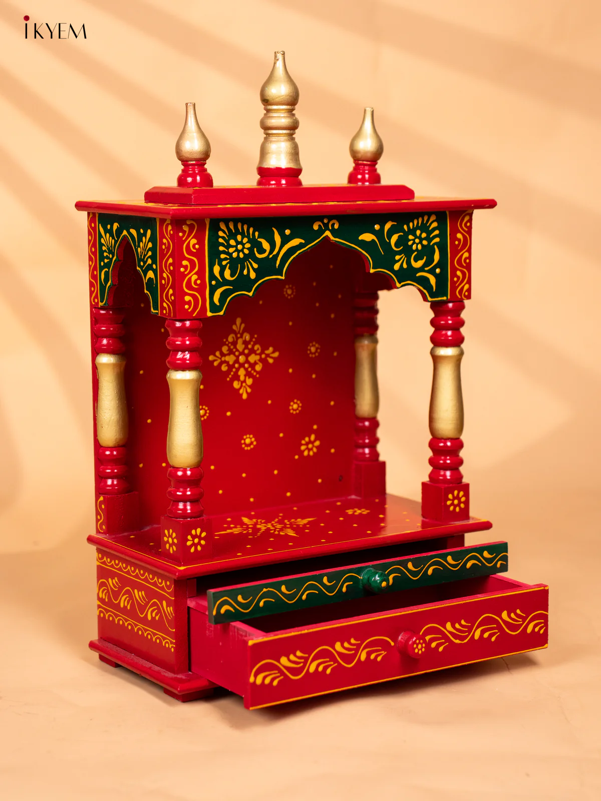 Hand-Painted Wooden Pooja Mandapam with Drawer - Red - 19 Inches - KC20168 - Image 5