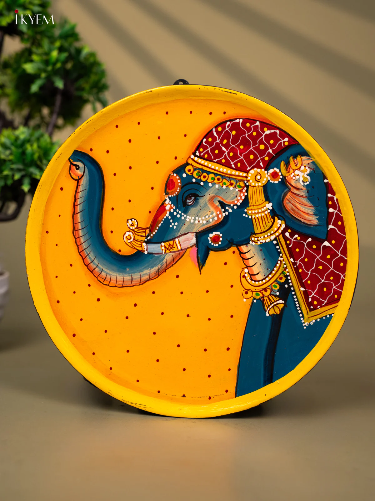 Wooden Hand painted Wall hanging plates - Elephant Face Yellow-KC22114