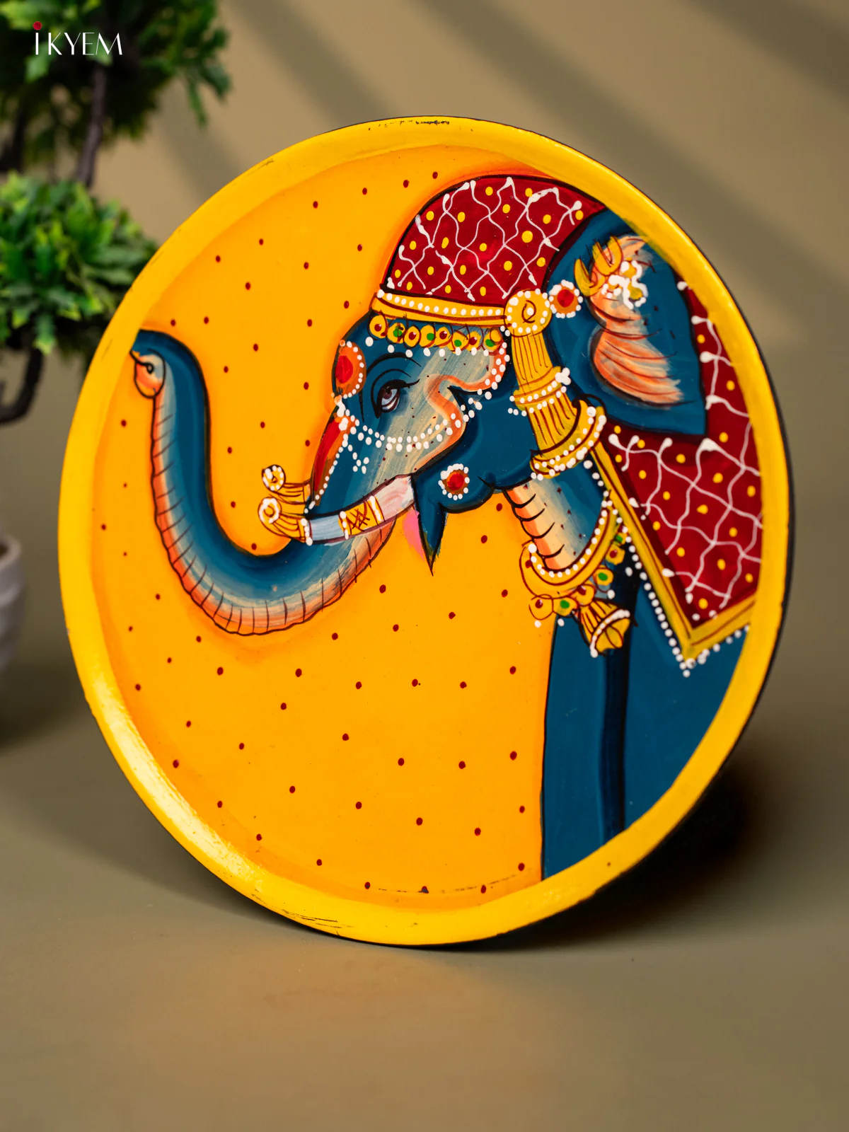 Wooden Hand painted Wall hanging plates - Elephant Face Yellow-KC22114 - Image 2