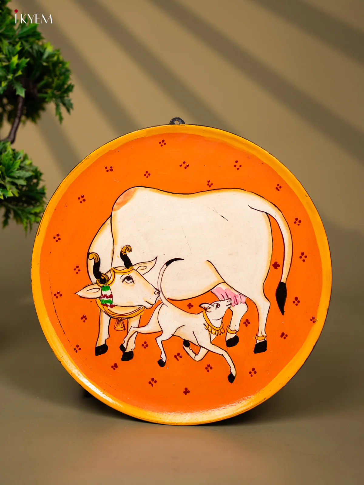 Wooden Hand painted Wall hanging plate - Cow And calf orange-KC22118