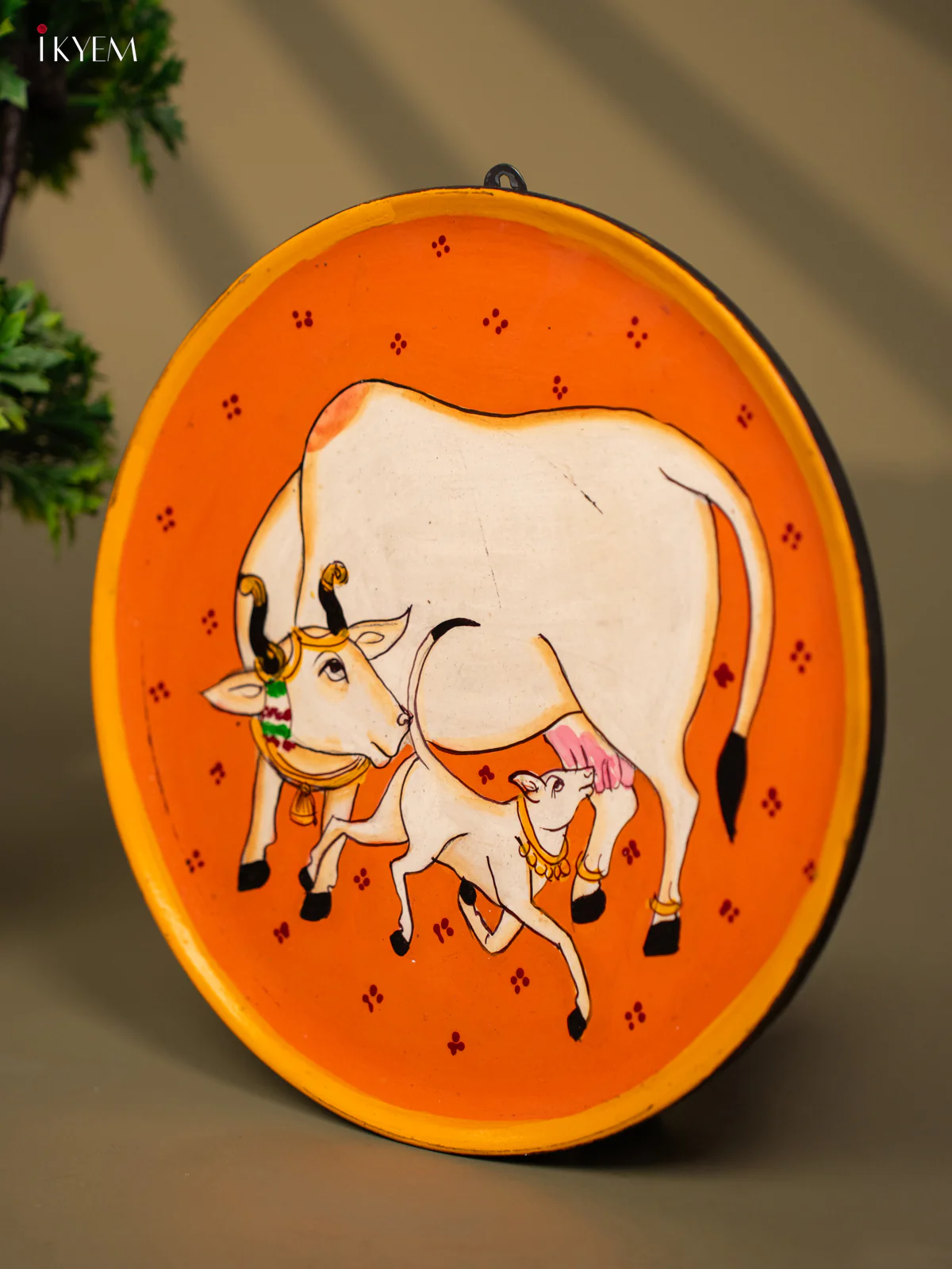 Wooden Hand painted Wall hanging plate - Cow And calf orange-KC22118 - Image 3