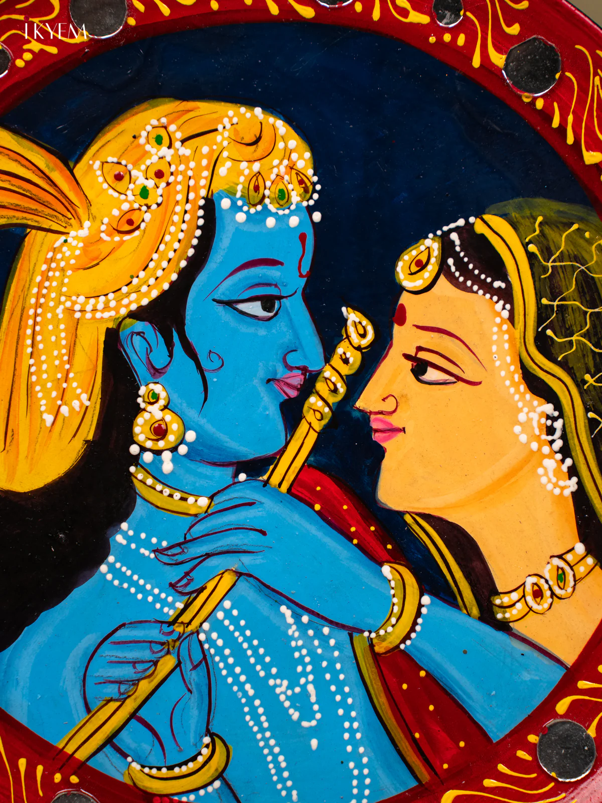 Wooden Hand painted Wall hanging plate - Radha Krishna Small Mirror Navy blue-KC22123 - Image 2