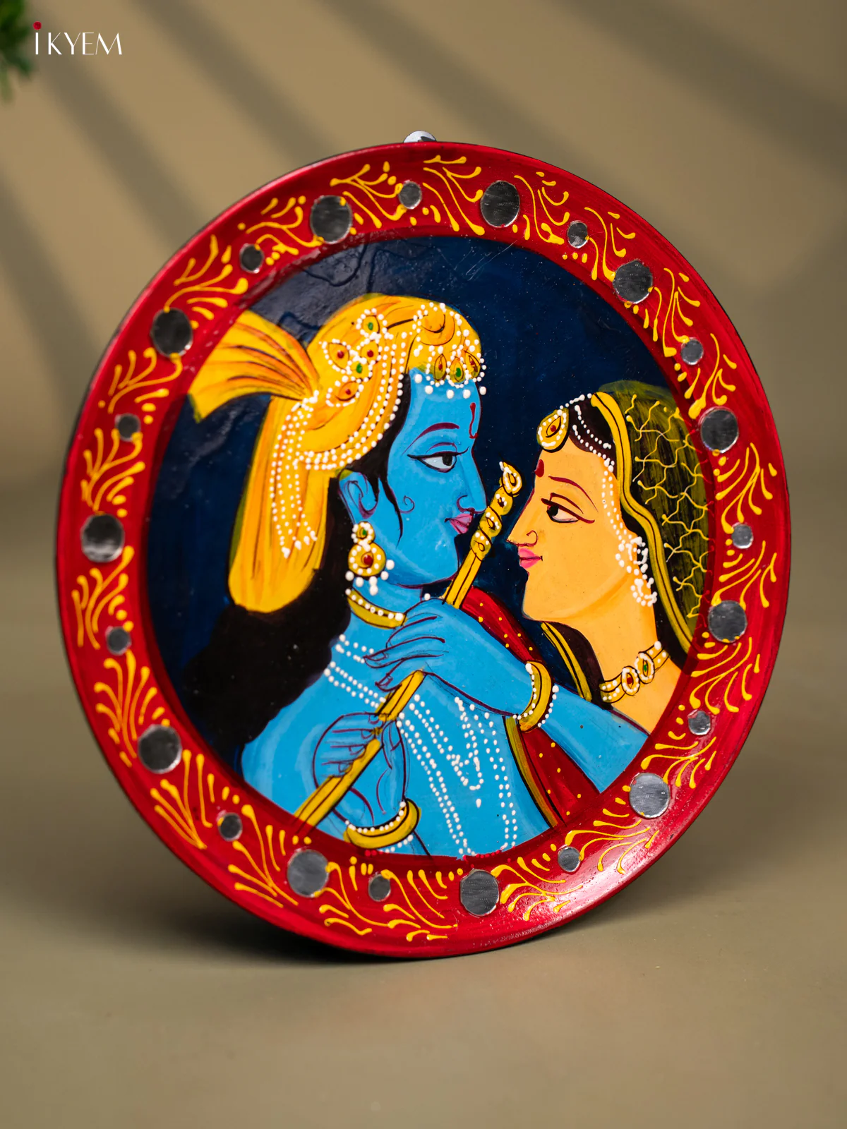 Wooden Hand painted Wall hanging plate - Radha Krishna Small Mirror Navy blue-KC22123 - Image 3