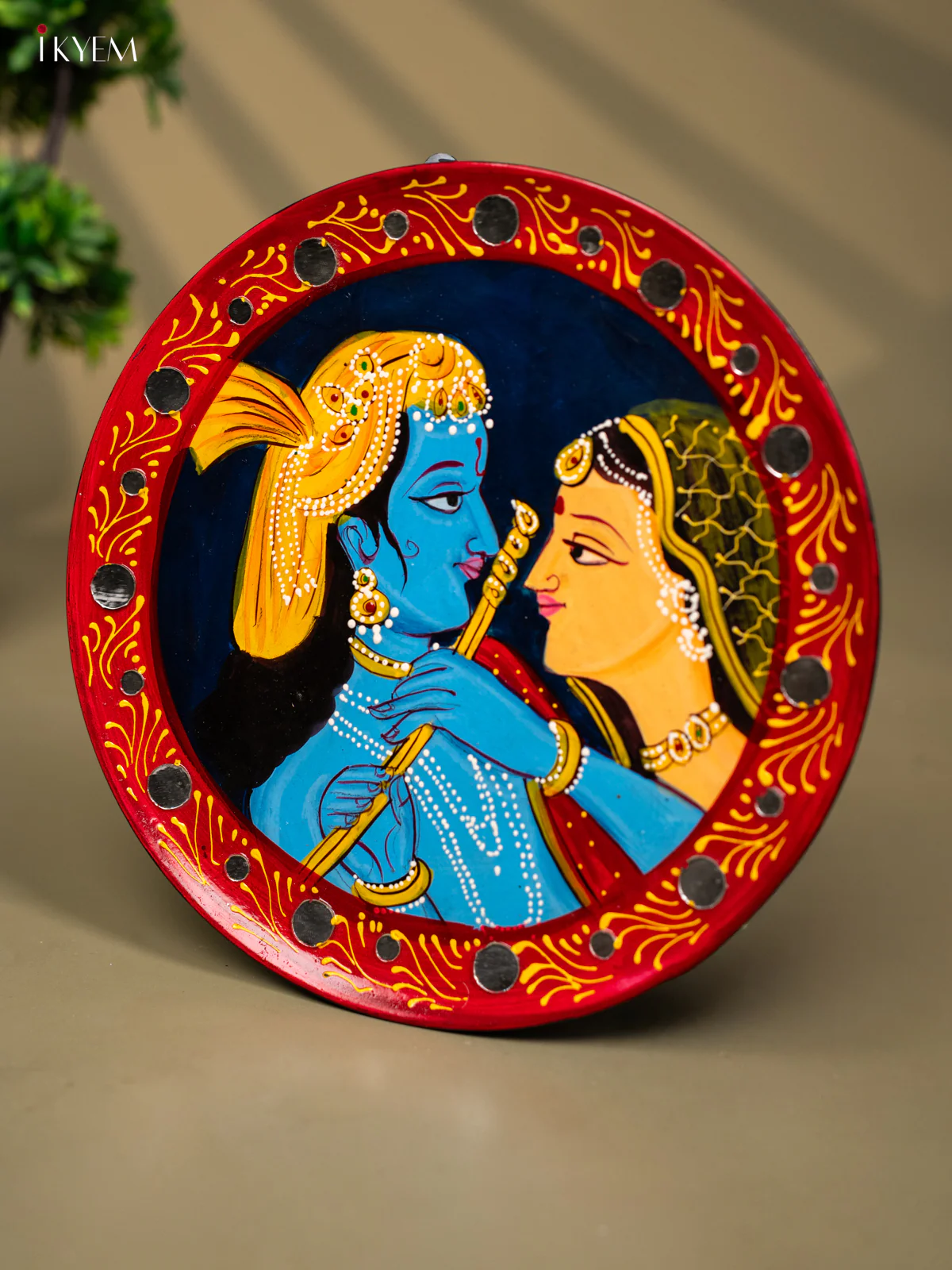 Wooden Hand painted Wall hanging plate - Radha Krishna Small Mirror Navy blue-KC22123 - Image 4