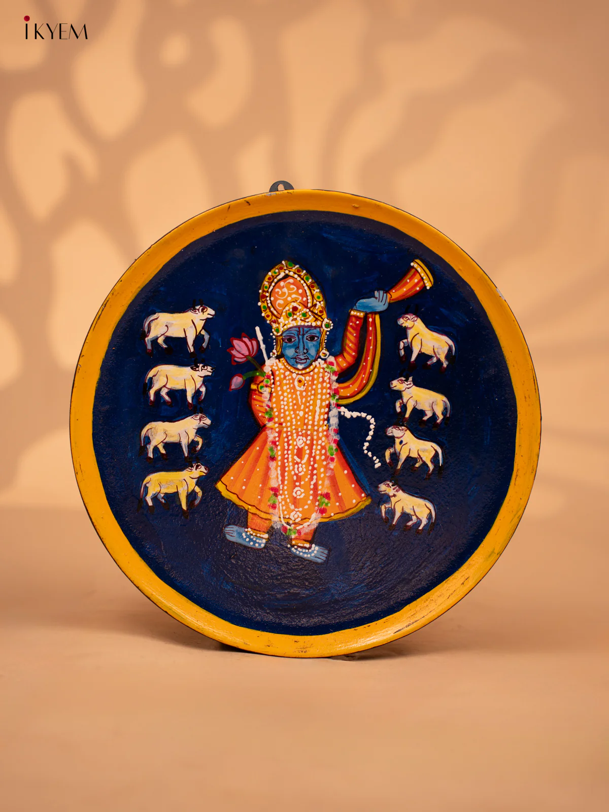 Wooden Hand painted Wall hanging plates - Shreenath Ji & cow navy blue-KC22143