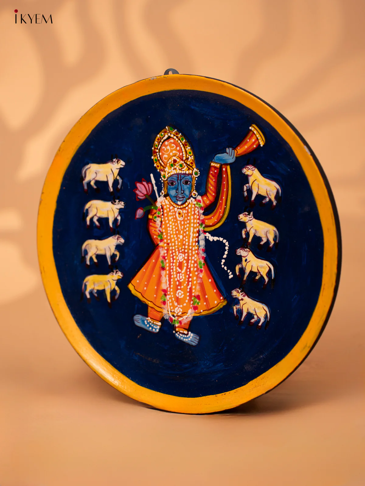 Wooden Hand painted Wall hanging plates - Shreenath Ji & cow navy blue-KC22143 - Image 3