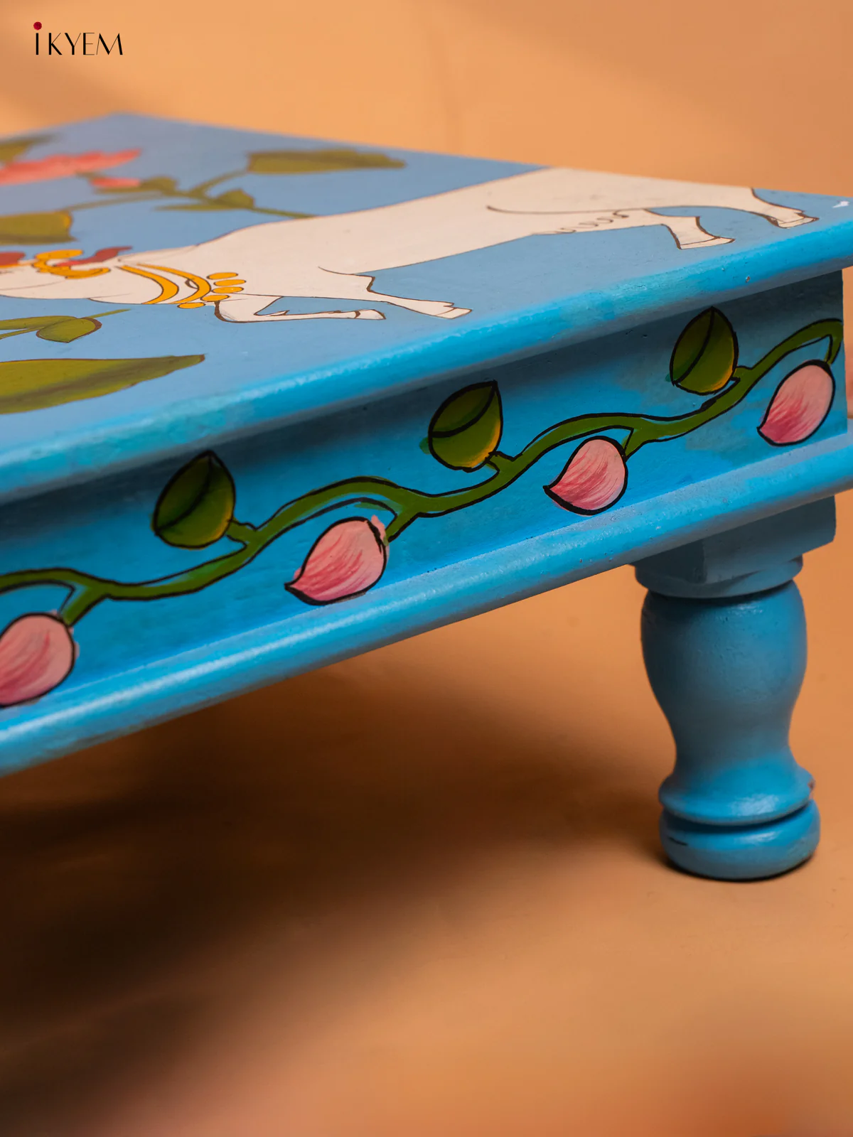 Wooden Hand painted Chowki - Cow Blue (15×15)-KC29139 - Image 4