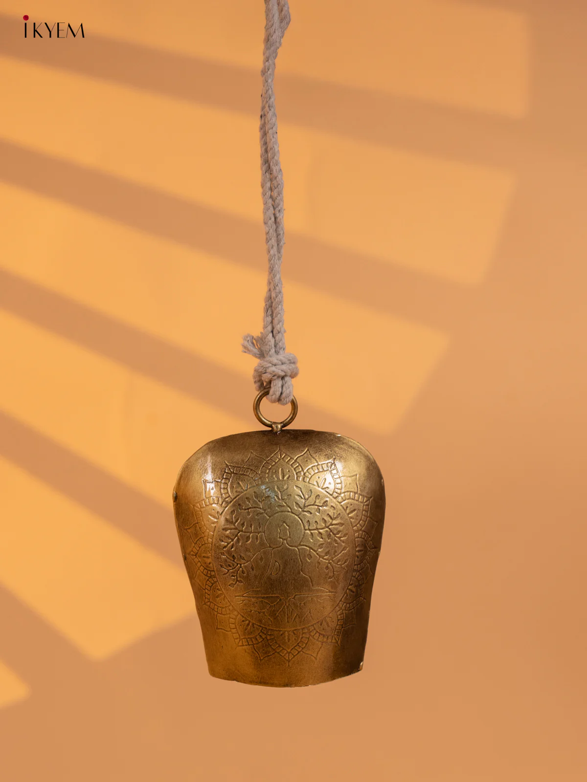 Metal Cow Bell with Buddha Engraving & Rope Handle - Small - KD01111
