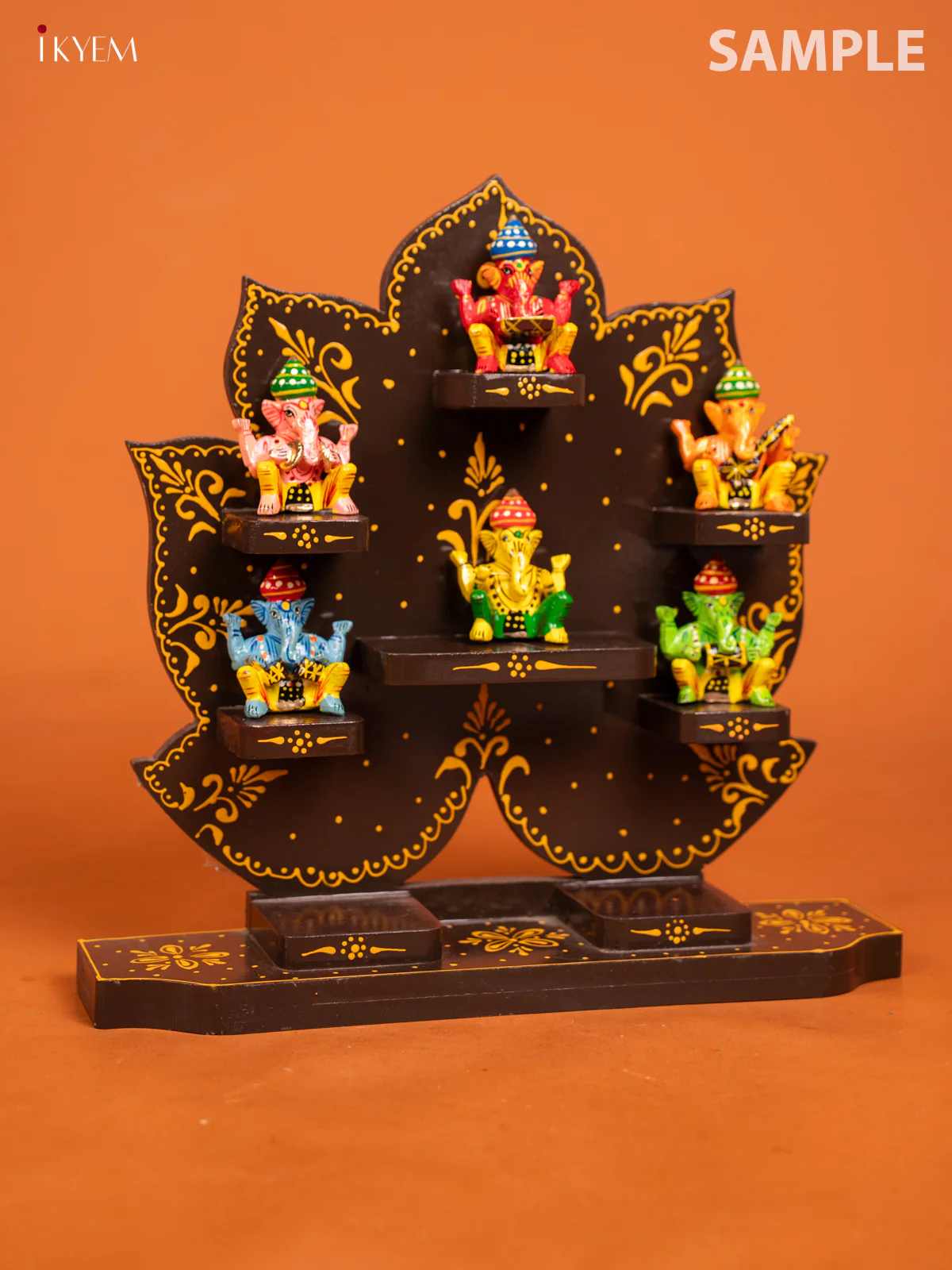 Lotus Wooden Hand Painted Wall Shelf - Brown - KD01123 - Image 2