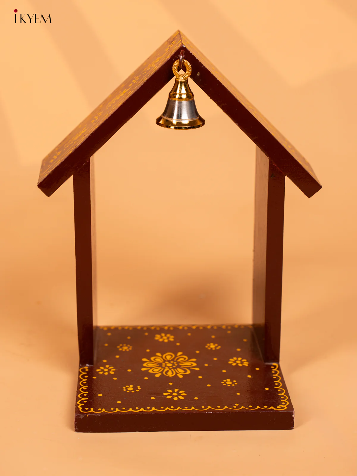 Wooden Hand Painted Vilakku Maadam with Bell - 11 Inch - Maroon - KD01130