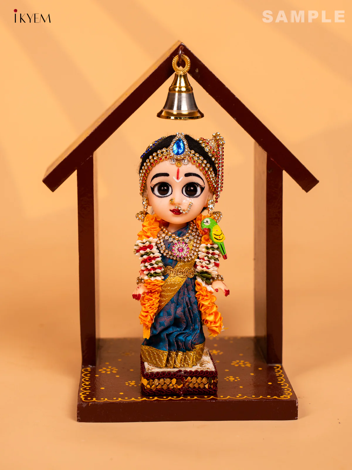 Wooden Hand Painted Vilakku Maadam with Bell - 11 Inch - Maroon - KD01130 - Image 2