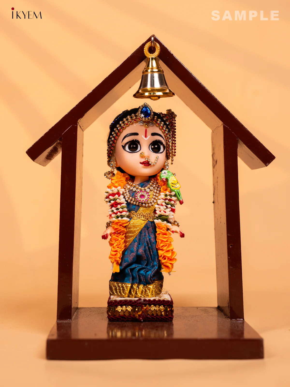 Wooden Vilakku Maadam with Bell - 8 Inch- Maroon - KD01132 - Image 2