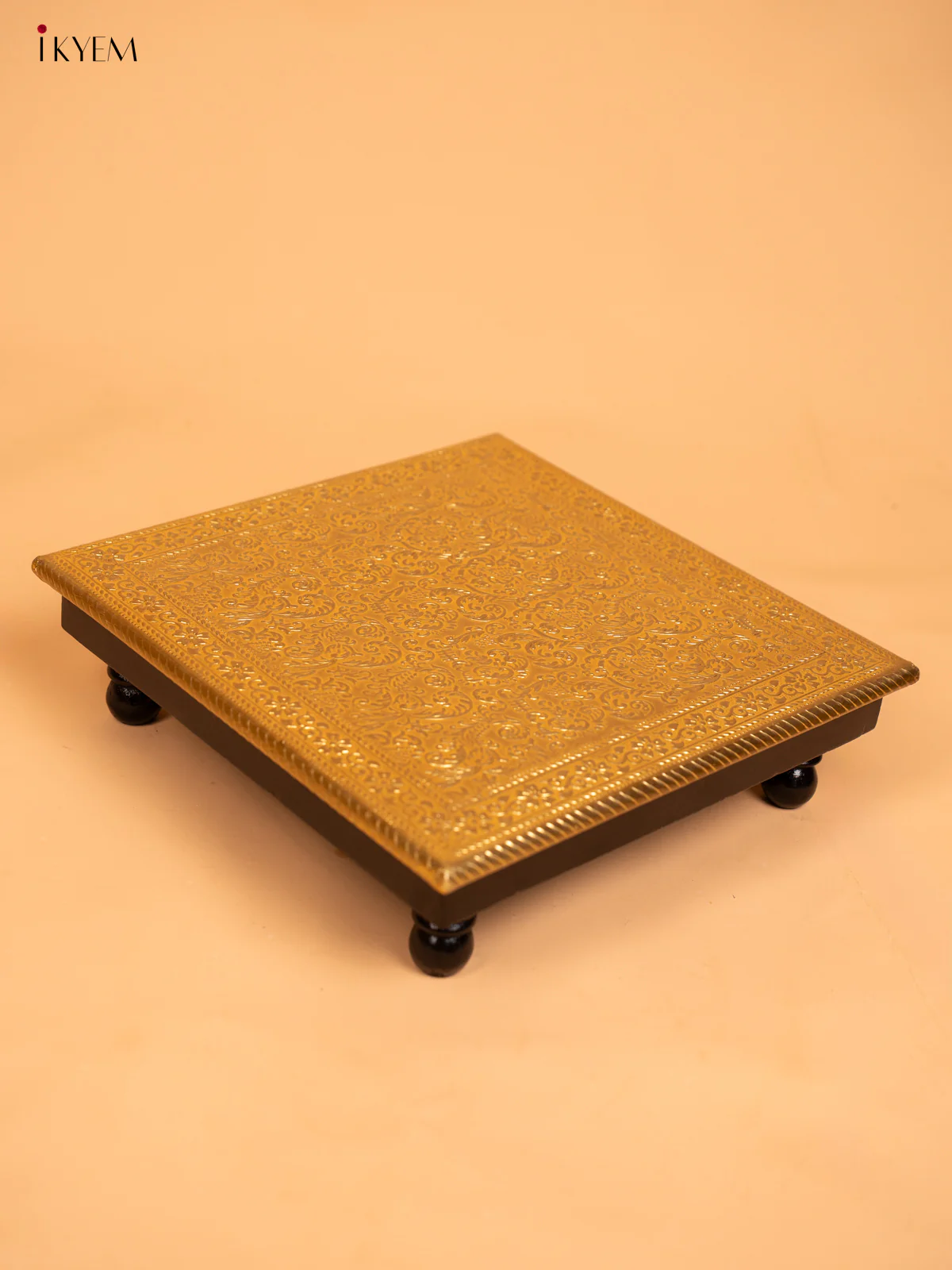 Wooden Brass Work Pooja Bajot Stool (12×12) - KD01141