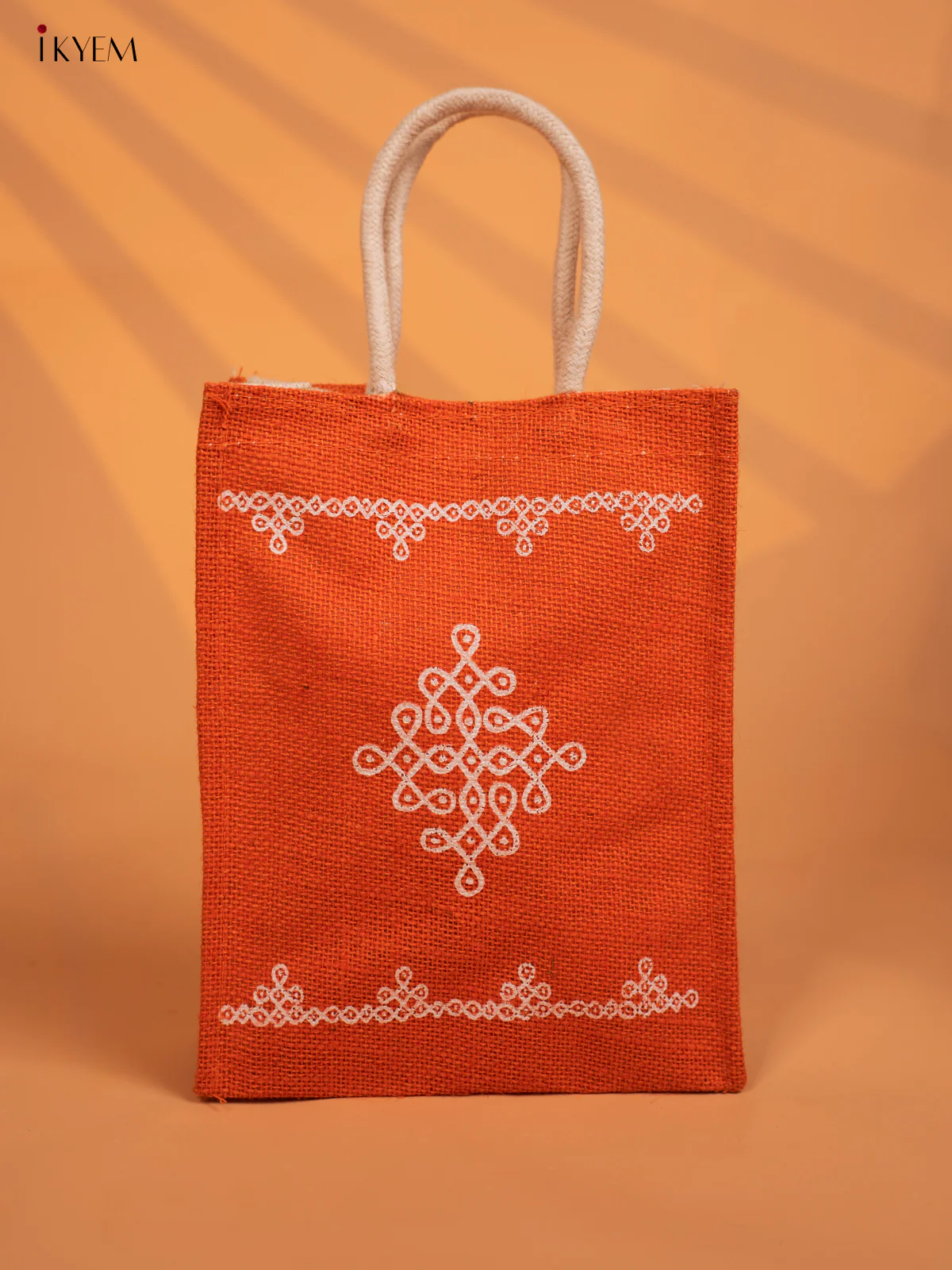 Pretty Kolam Printed Orange Jute Bags - KD04123