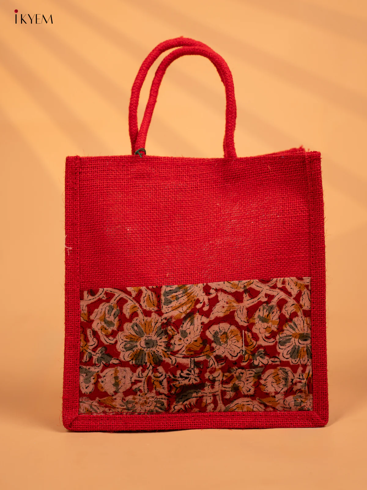 Stunning Red Half & Half Kalamkari Jute Bag with Rope Handles - KD04132