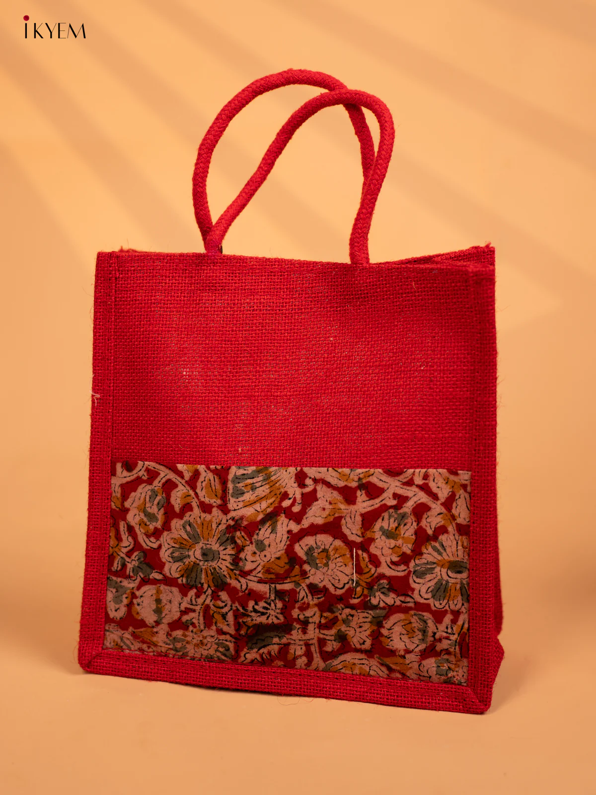 Stunning Red Half & Half Kalamkari Jute Bag with Rope Handles - KD04132 - Image 3
