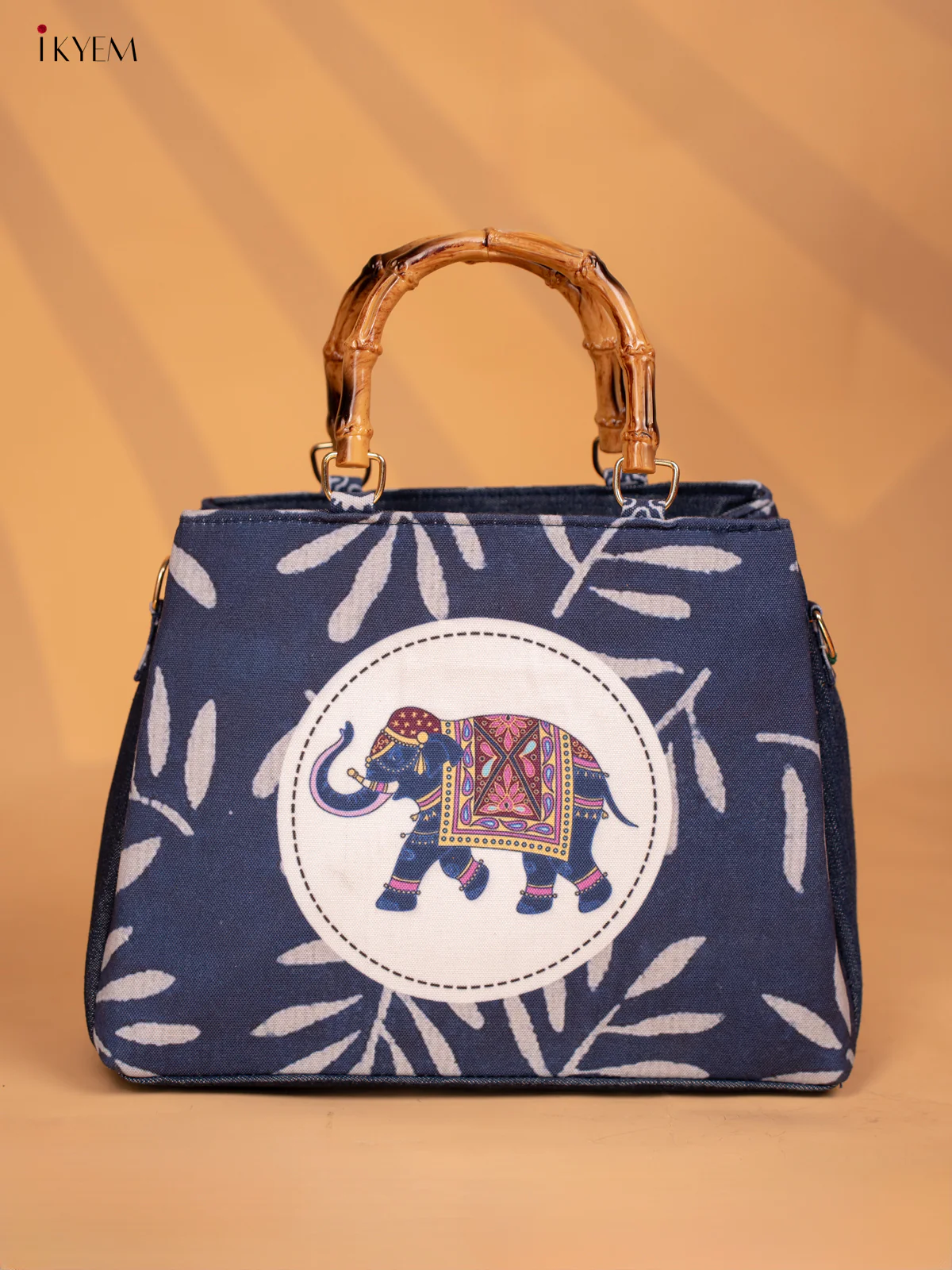 Jacquard Printed Elephant Handbag Single Hand Wooden Handle Handbag - Indigo Blue - KD05114