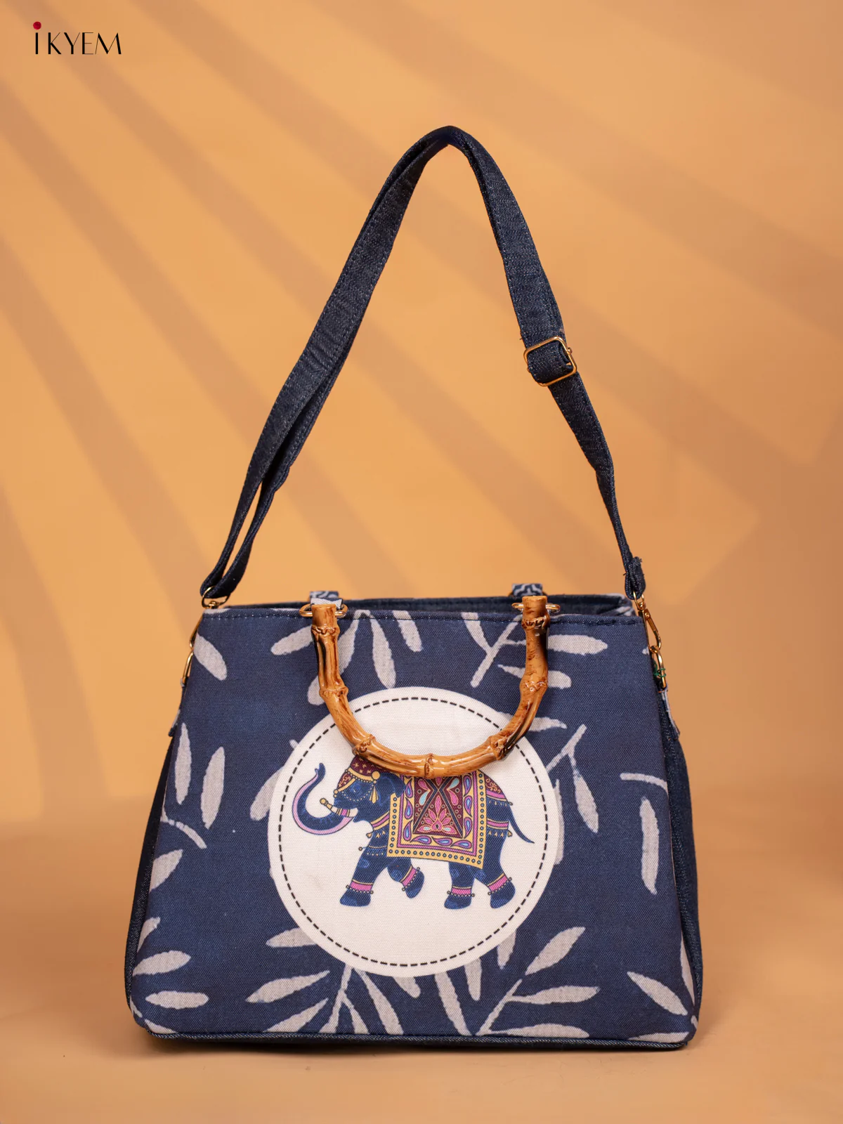 Jacquard Printed Elephant Handbag Single Hand Wooden Handle Handbag - Indigo Blue - KD05114 - Image 3