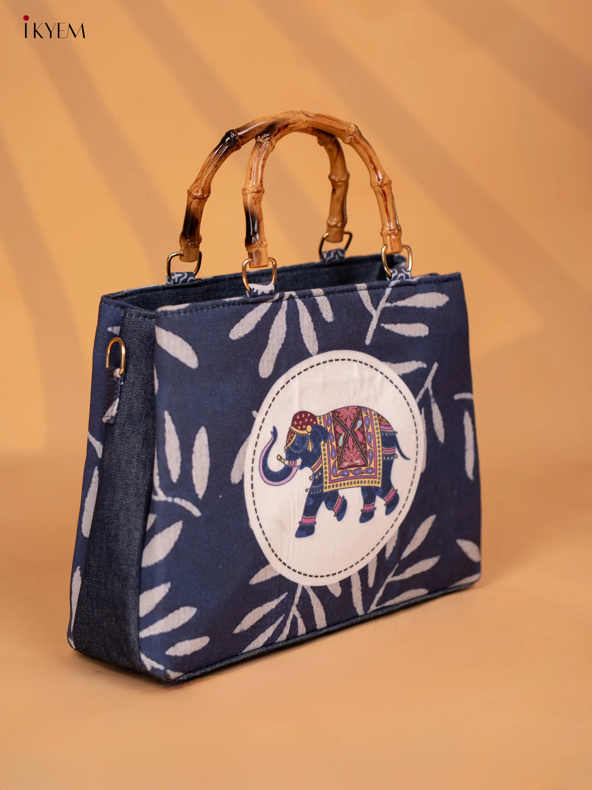 Jacquard Printed Elephant Handbag Single Hand Wooden Handle Handbag - Indigo Blue - KD05114 - Image 4
