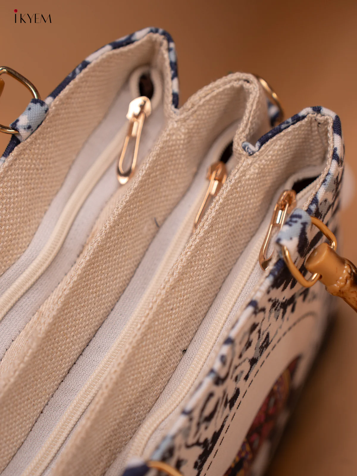 Jacquard Printed Elephant Handbag Single Hand Wooden Handle Handbag - Navy blue - KD05115 - Image 5