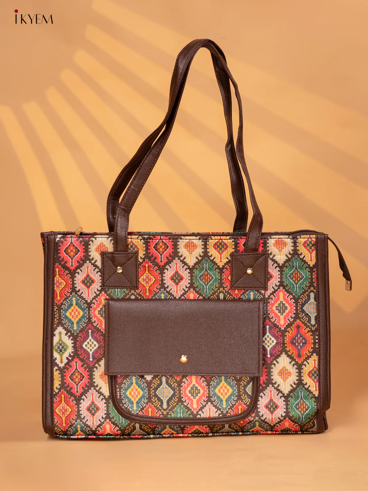 Printed Ikat Design Leather Sling and Laptop Bag - Multi colour - KD05117