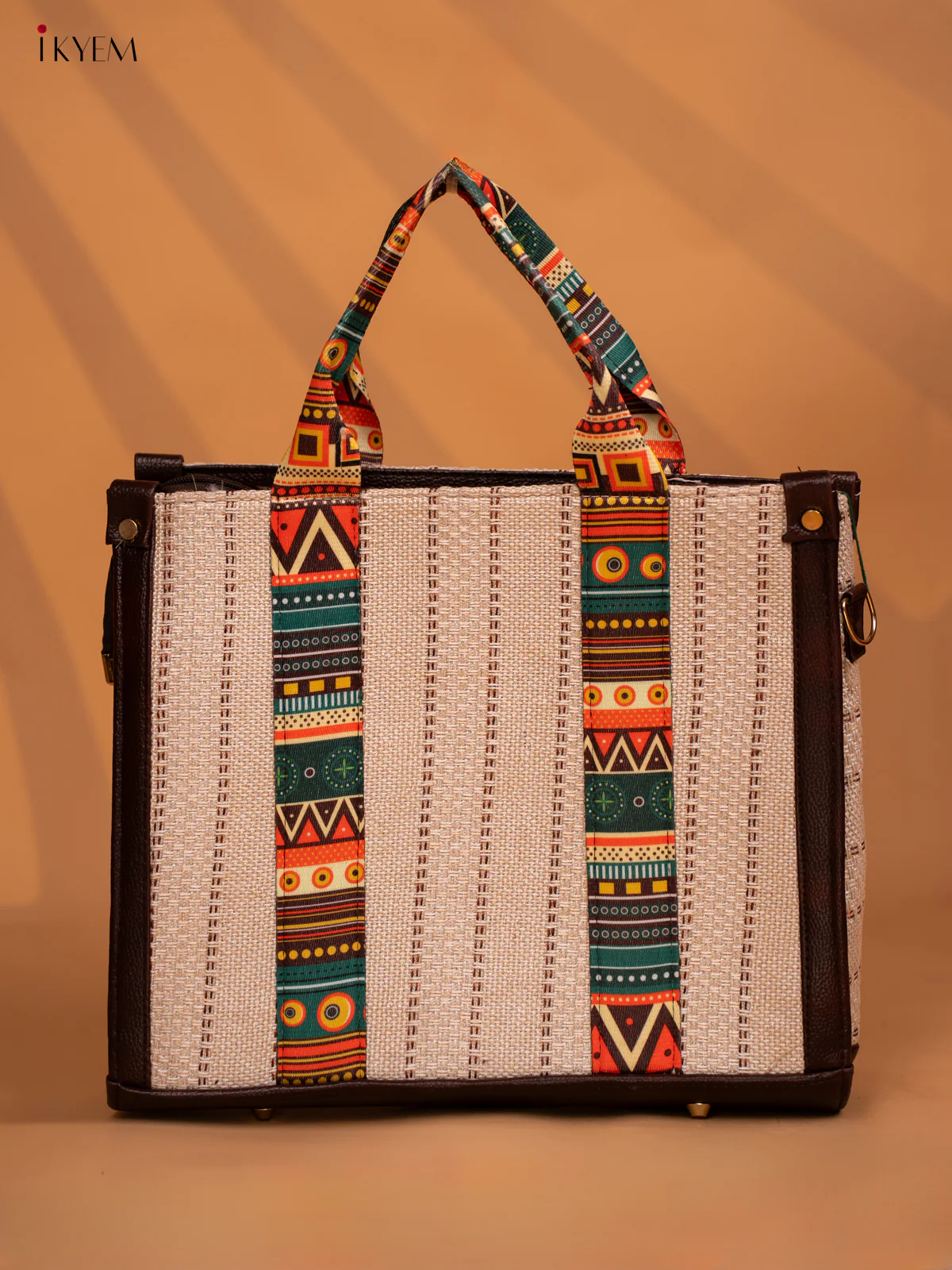 Jacquard Handbag Leather sling with Geometric Printed Sling- Cream - KD05127
