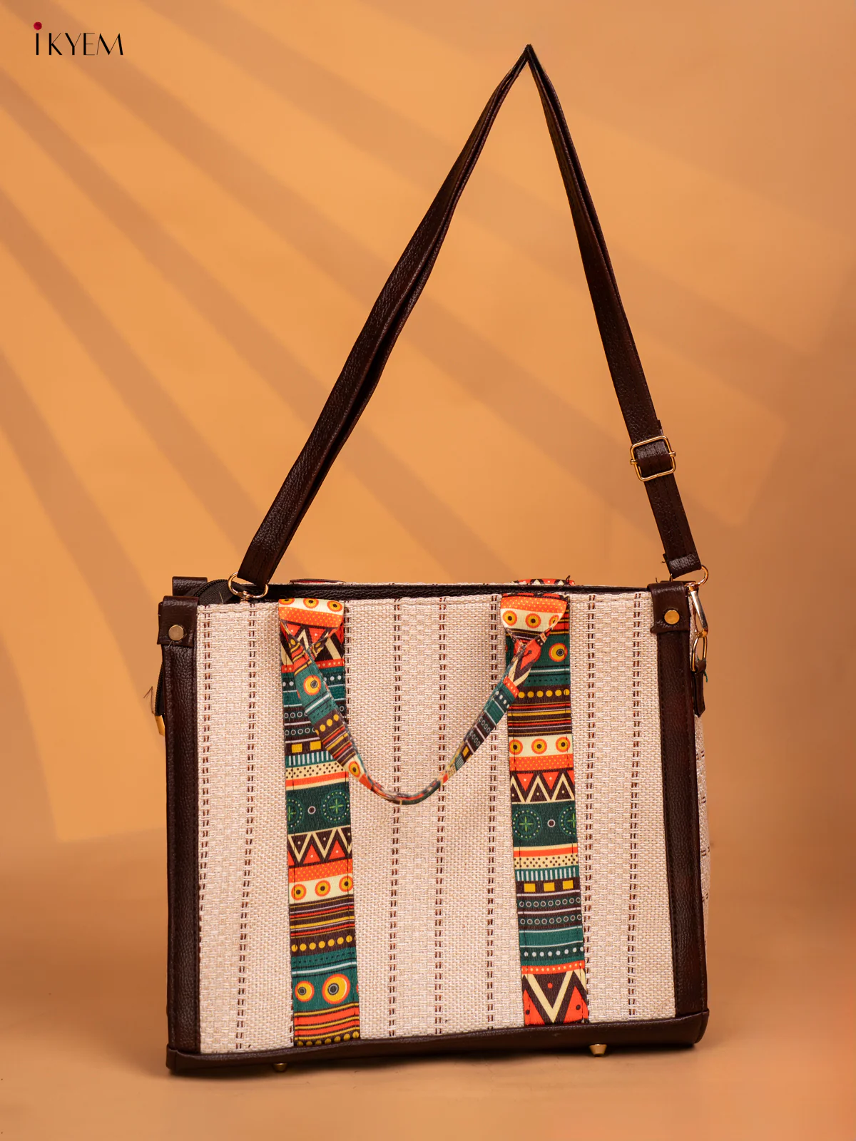 Jacquard Handbag Leather sling with Geometric Printed Sling- Cream - KD05127 - Image 3