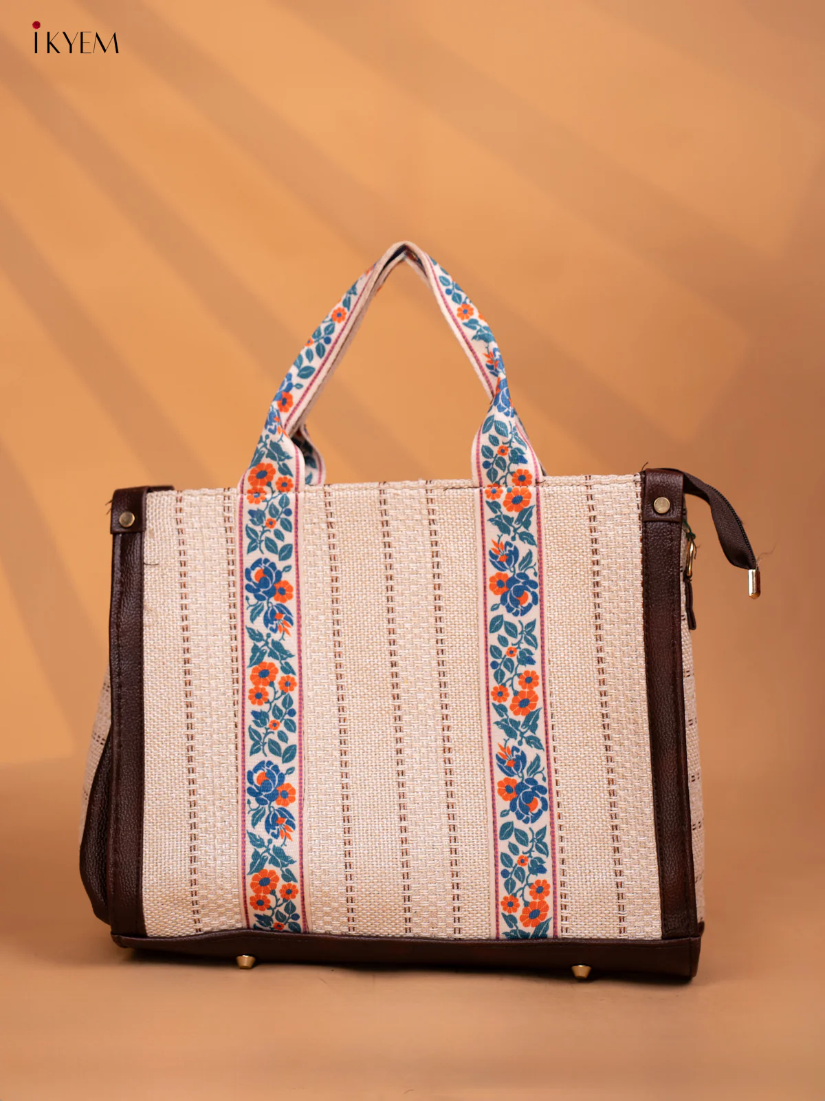 Jacquard Handbag Leather sling with Floral Printed Sling - Cream - KD05128